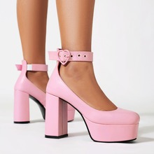 wish外贸款2024年春季圆头厚底高跟鞋40-43朋克风大吗浅口单鞋女