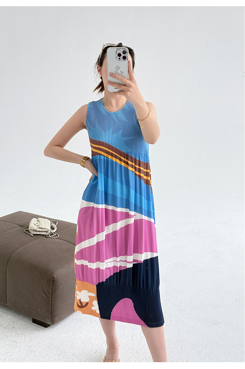 Váy liền không tay in hoa xếp nếp dáng suông mùa hè — Màu xanh ngọc chi tiết 9