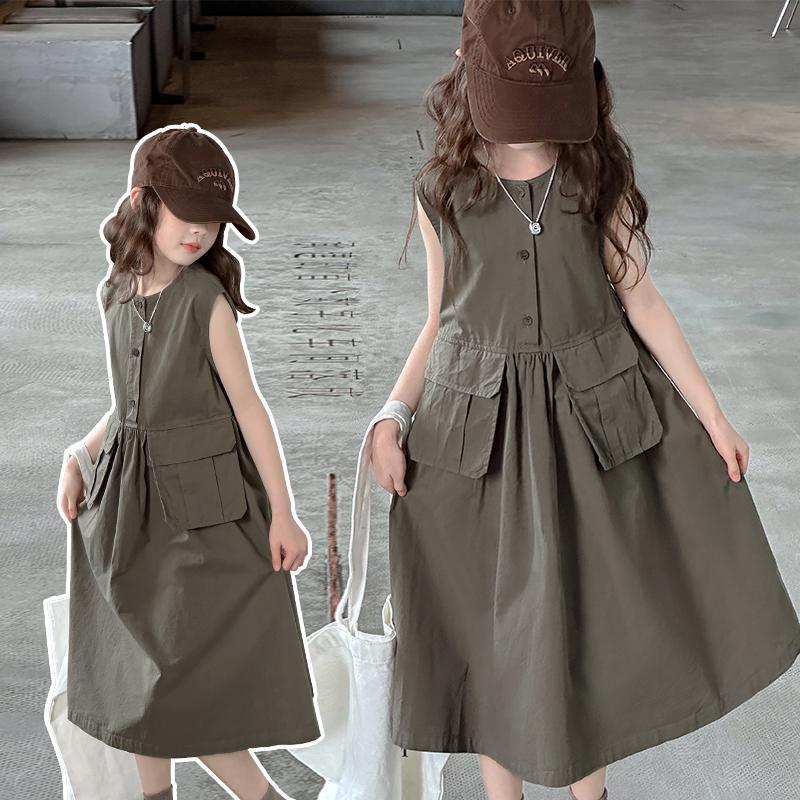 Girls Summer Pure Cotton Dress Casual Sleeveless Vest Dress Girls Medium and Large Children's Style Workwear Cotton Skirt Summer