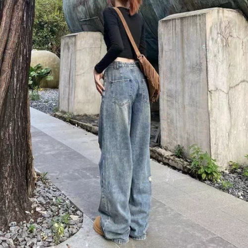 Women's Summer High-Waist Slim-Fit Straight Leg Wide Leg Jeans with Rips