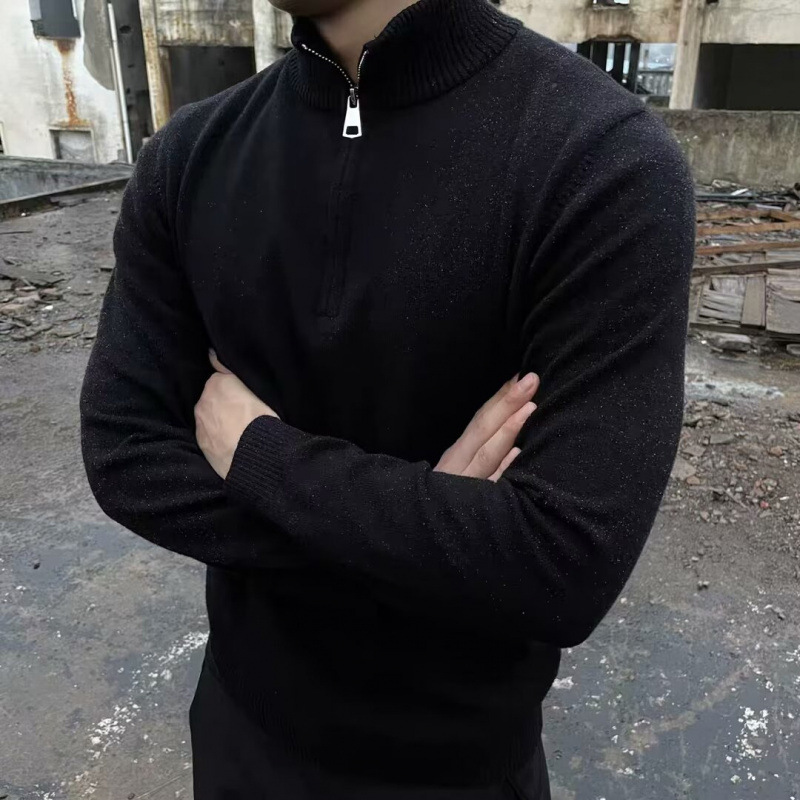 American Style Thickened Half Zipper Vertical Collar Solid Color Sweater Men's Autumn and Winter Pullover Casual Knitted Warm Long-sleeved Jacket