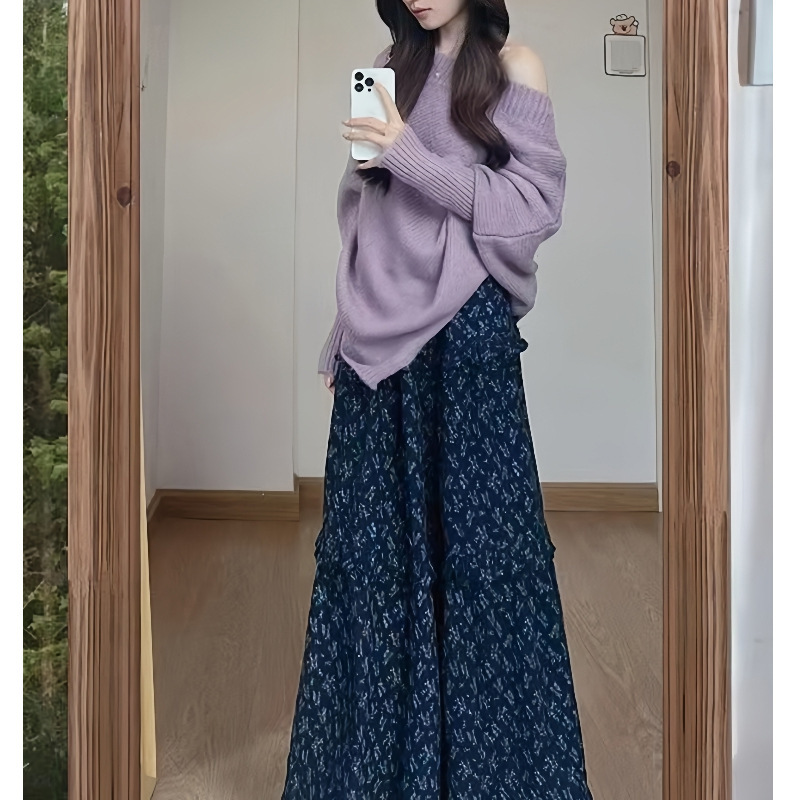 温柔风一整套早秋盐系轻熟斜肩毛衣针织衫碎花气质半身裙两件套潮|undefined