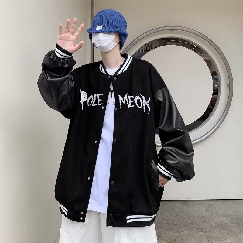 Men's clothing Fashionable retro embroidered baseball jacket ins street couple leather jacket autumn and winter thickened coat_voghion.com