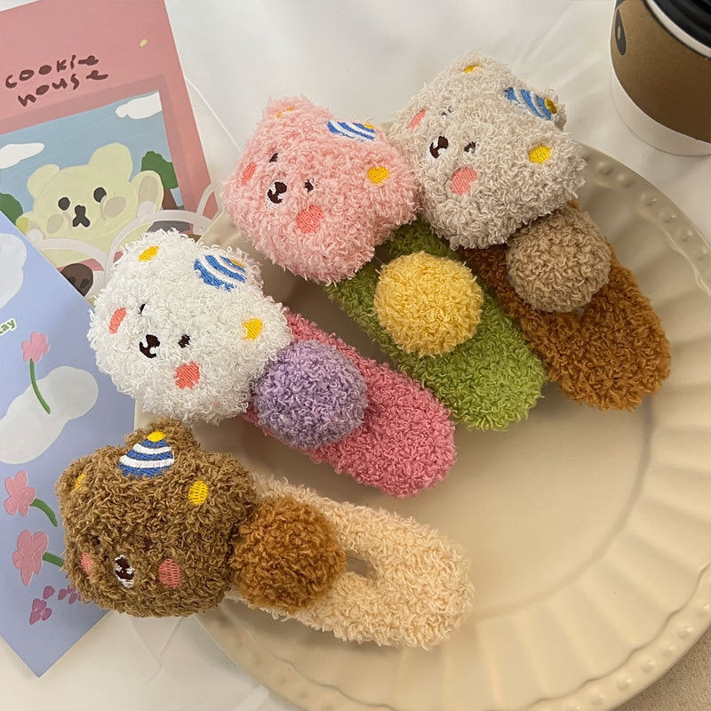 Fealdos galletas de invierno y otoño peluche lindos pinzas de cabello de oso, pinzas de boca de pato de tamaño grande para lavar la cara, adornos de cabello de la niña tarjeta lateral