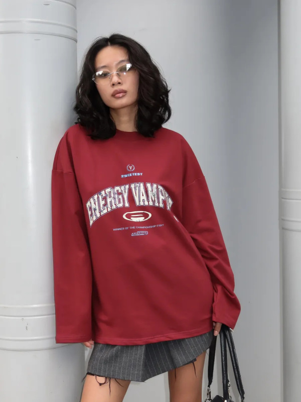 100%纯棉长袖t恤春秋季新款时尚复古潮流个性oversize舒适上衣女|undefined