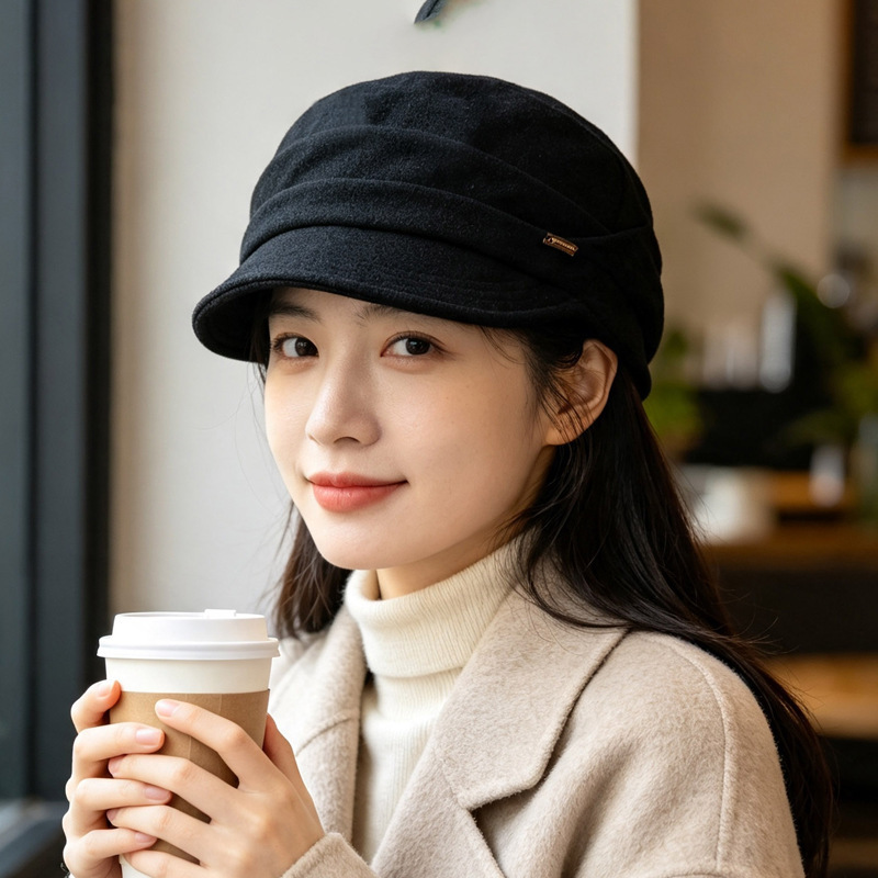 Sweet College Style Women's Hat for Autumn and Winter, Warm and Face-Slimming Newsboy Cap, Fashionable and Versatile Outdoor Equestrian Hat