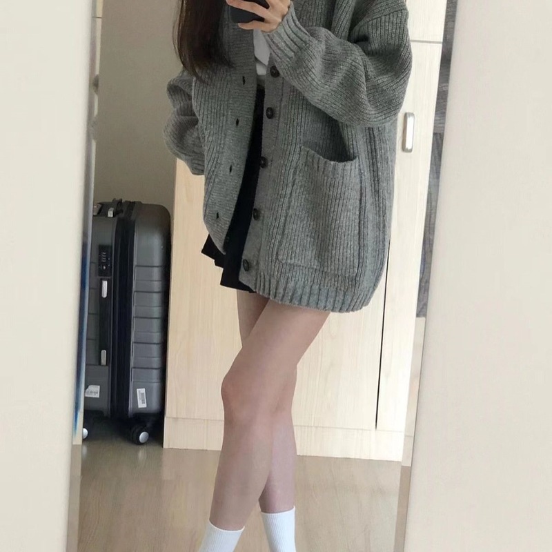 外搭秋冬中长款毛衣穿搭奶系灰色针织开衫外穿复古外套女春秋慵懒|undefined