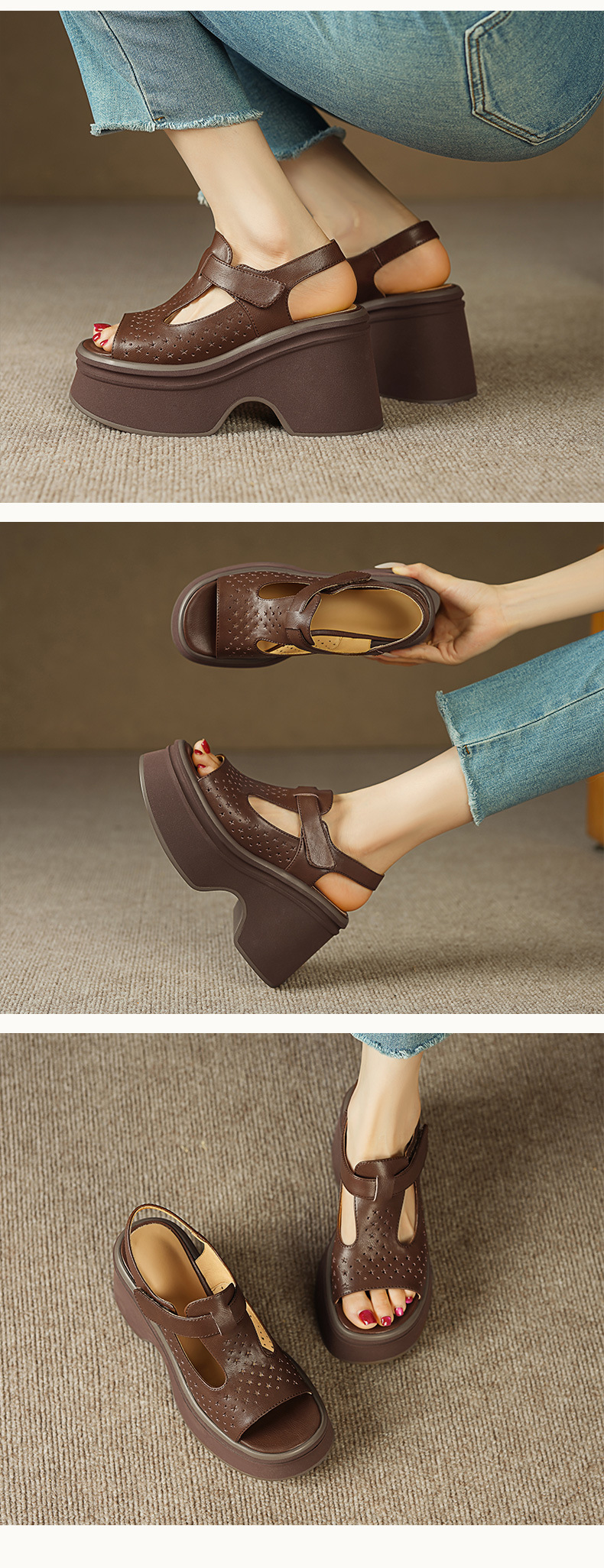 Sandal cao gót nữ đế xuồng mũi hở quai Velcro — Màu nâu, Màu đen chi tiết 4