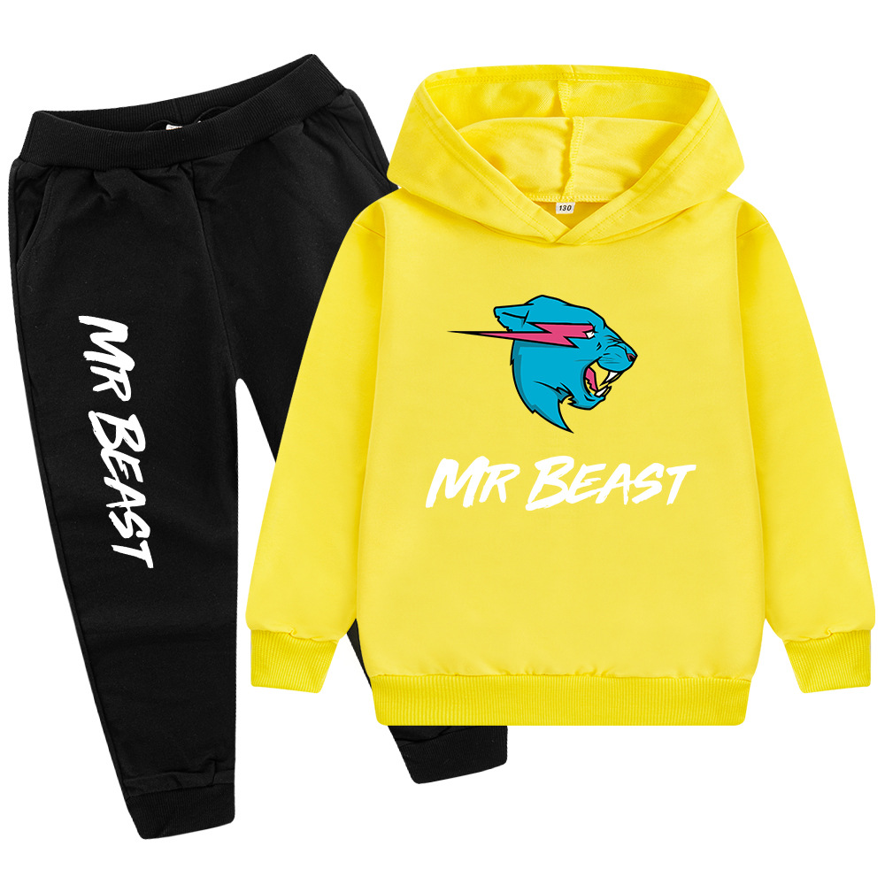 Testa di lupo MR BEAST Cartoon stampato set per ragazzi e bambini felpa con cappuccio maglione + pantaloni PB437_voghion.com