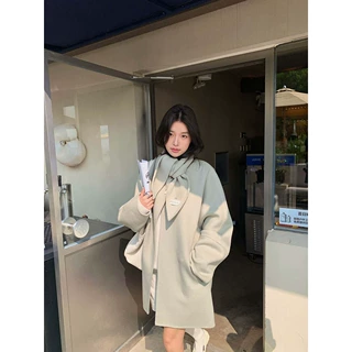 趋梦DT ETOLIE兔耳朵围巾韩系毛呢外套廓形双面羊毛大衣女中长款