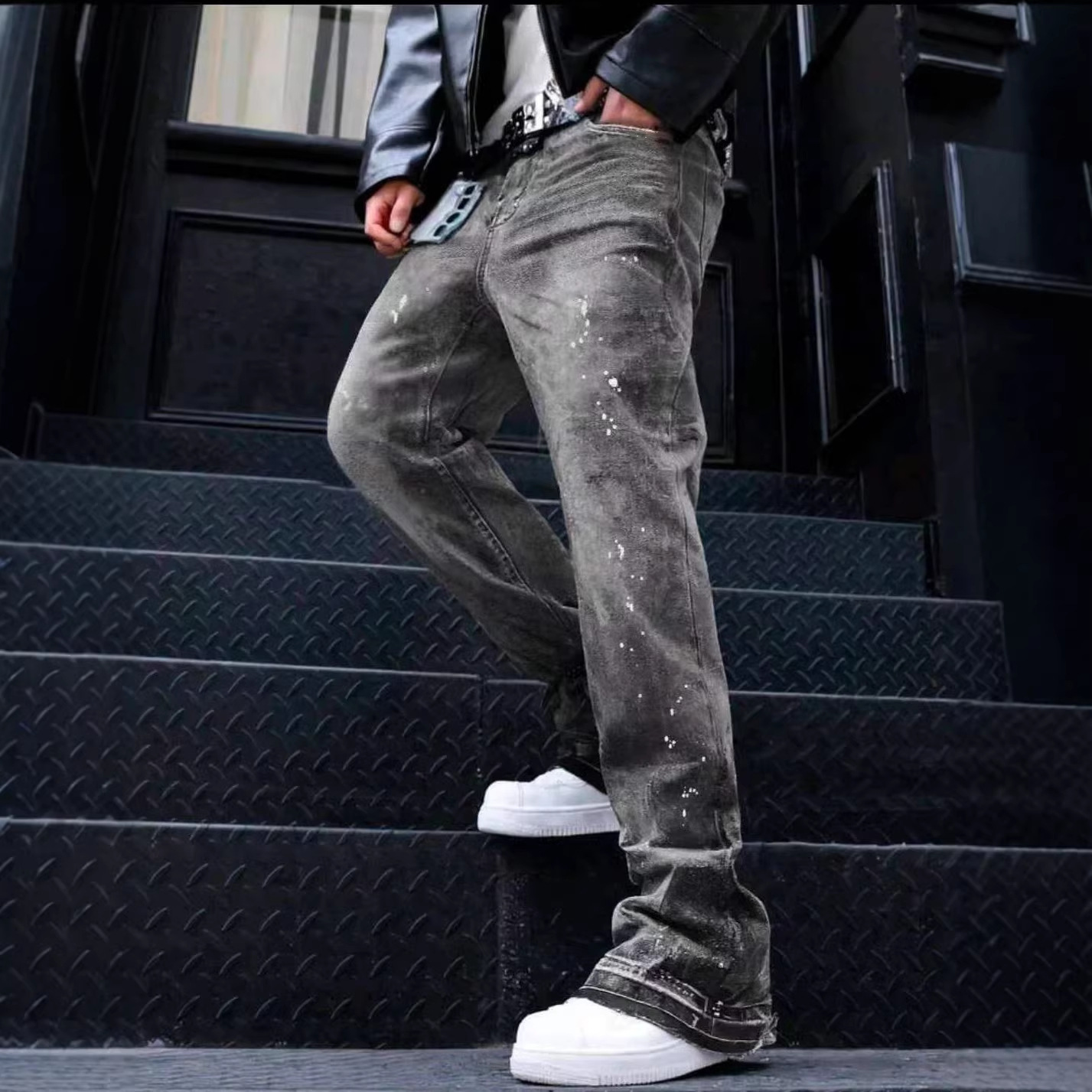 Men's Clothing Popular American Retro Washed Distressed Gray Splatter Paint Curved Blade Jeans Men's Trendy Loose Wide Leg Pants_voghion.com