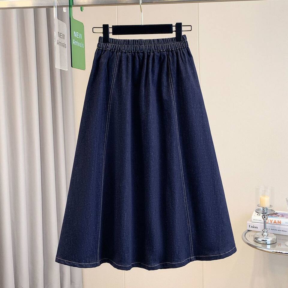 Chân váy denim dáng chữ A cạp cao có nơ, dáng midi che khuyết điểm tôn dáng — Màu xanh dương