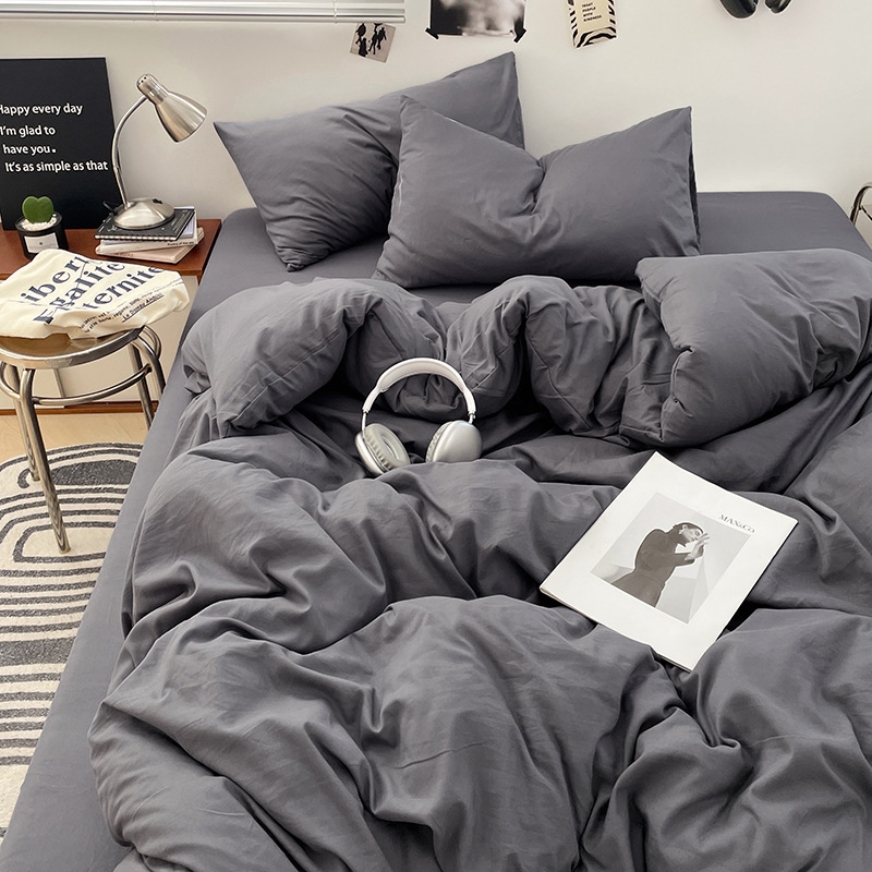 Cross-Border Solid Color Two-Tone Four-Piece Set Japanese-Style Simple Washed Cotton Ins-Style Student Three-Piece Quilt Cover Bedding Set Cross-Border Solid Color Two-Tone Four-Piece Set Japanese-Style Simple Washed Cotton Ins-Style Student Three-Piece Quilt Cover Bedding Set