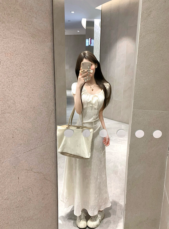 Summer New Sweet Style Bow Lace-up Jacquard dress Women's Elegant Waisted Slimming A- line Tea Break Long Dress