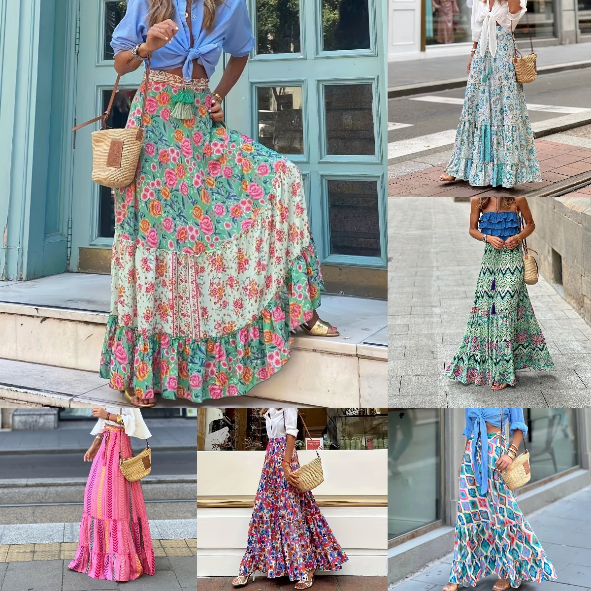2024欧美夏季新款女半身裙亚马逊定位印花宽松休闲度假大摆半身裙