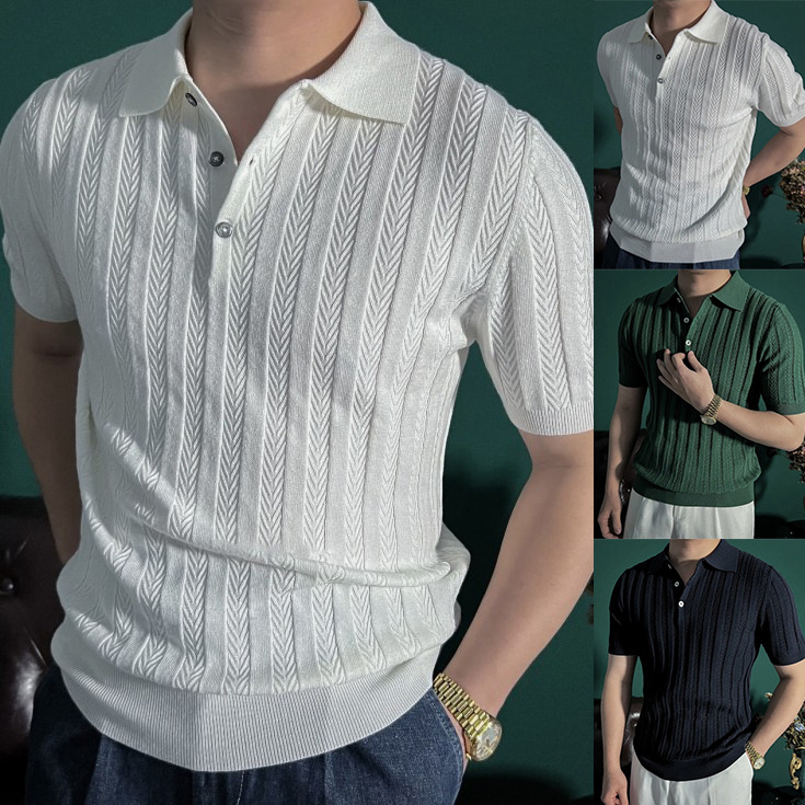 Polo camiseta de punto camiseta de manga corta hombre hueso de pescado estampado antiguo viento delgado camiseta de hielo seda de verano fábrica transfronteriza al por mayor