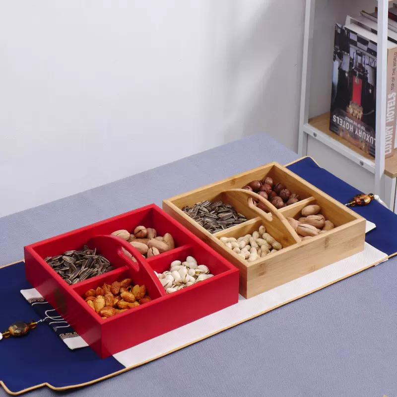 木质干果盒客厅桌面零食坚果带分格收纳盒家用婚礼早生贵子喜糖盒