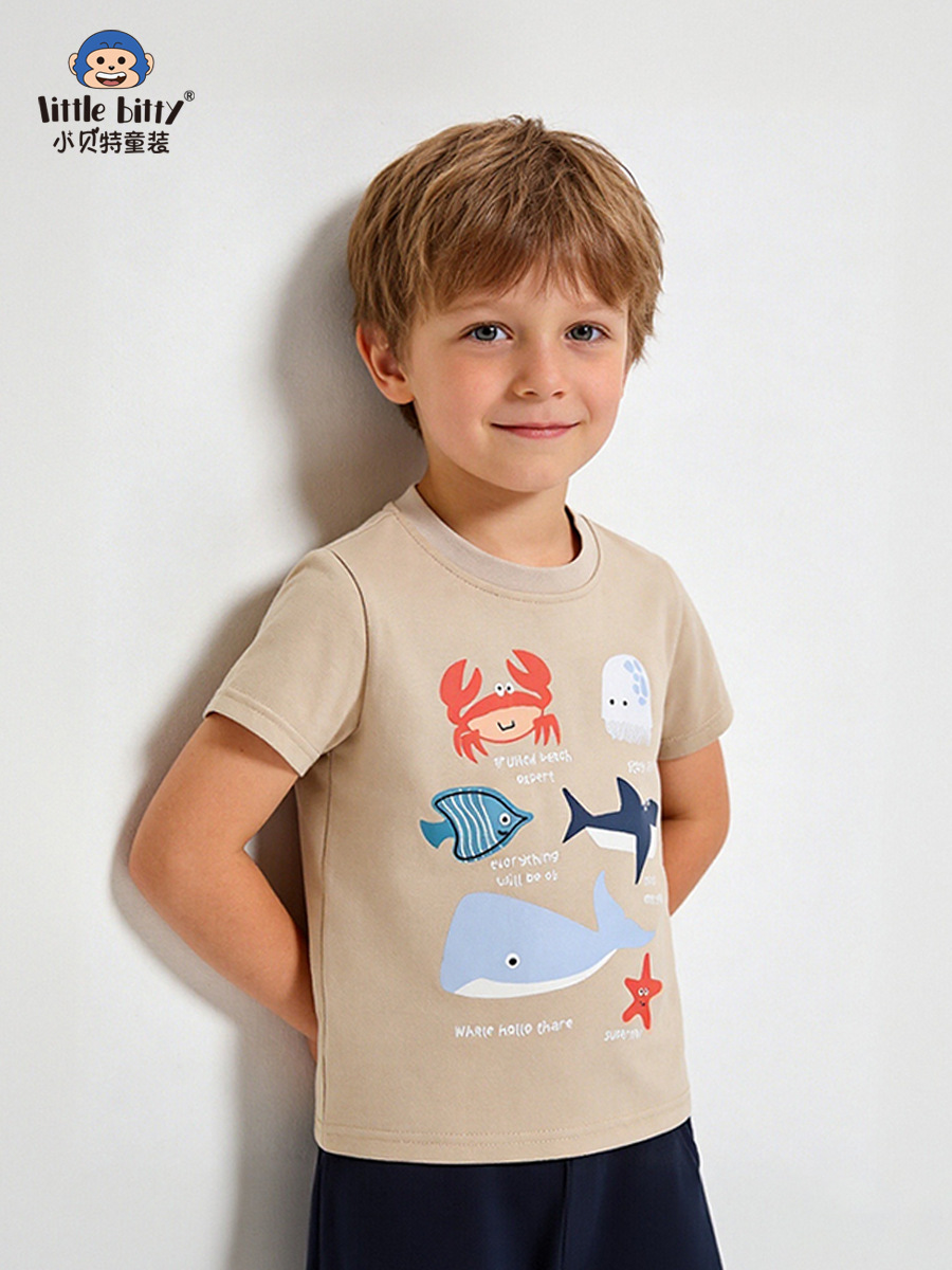 Cross-Border Supply 26 Years of Experience in Spring and Summer Children's Short-Sleeved T-Shirts with Cartoon Marine Animal Prints and Round Neck Designs for Boys, in Stock