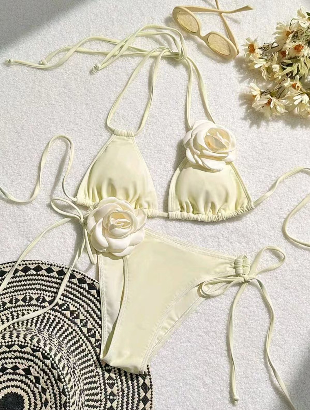 Women's Sexy Three Piece Swimsuit Bikini Set With Tie-Up Details European American Style 3D Floral Design For Spring/Autumn Summer_ecoleips.com