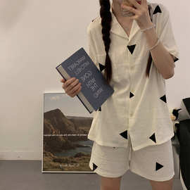 云朵棉双短几何图形宽松舒适休闲家居服套装
