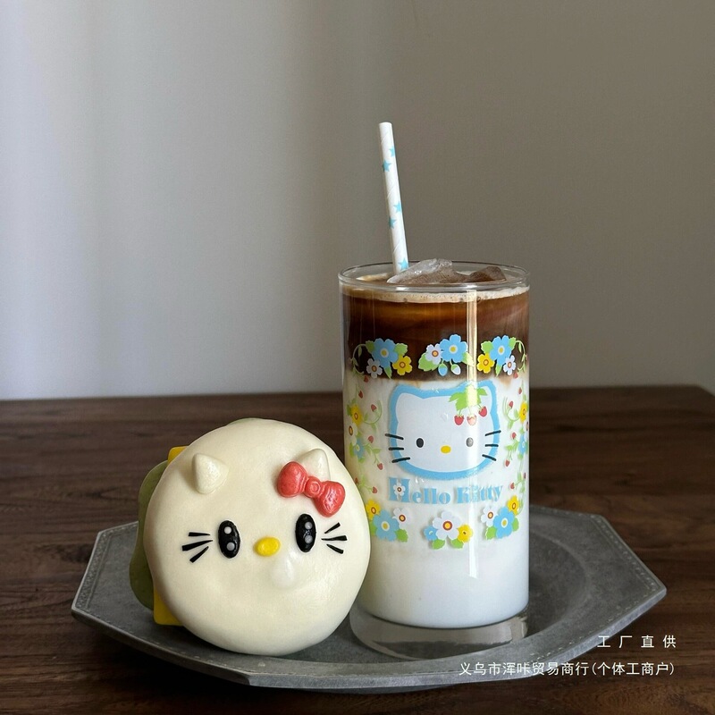 可爱helloKitty猫夏日繁花玻璃杯中古高颜值果汁牛奶喝水杯子|undefined