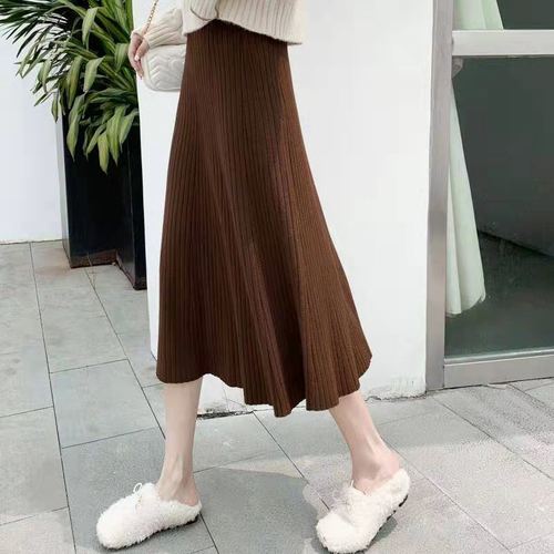 Knitted half skirt for women, autumn and winter long length Korean style high-waisted black pleated skirt with winter woolen skirt