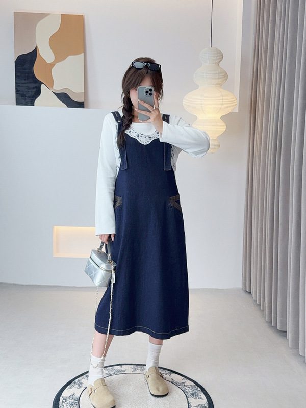 双天25年秋季胖mm大码女装新款裙子百搭蕾丝边牛仔背带裙YC270|undefined