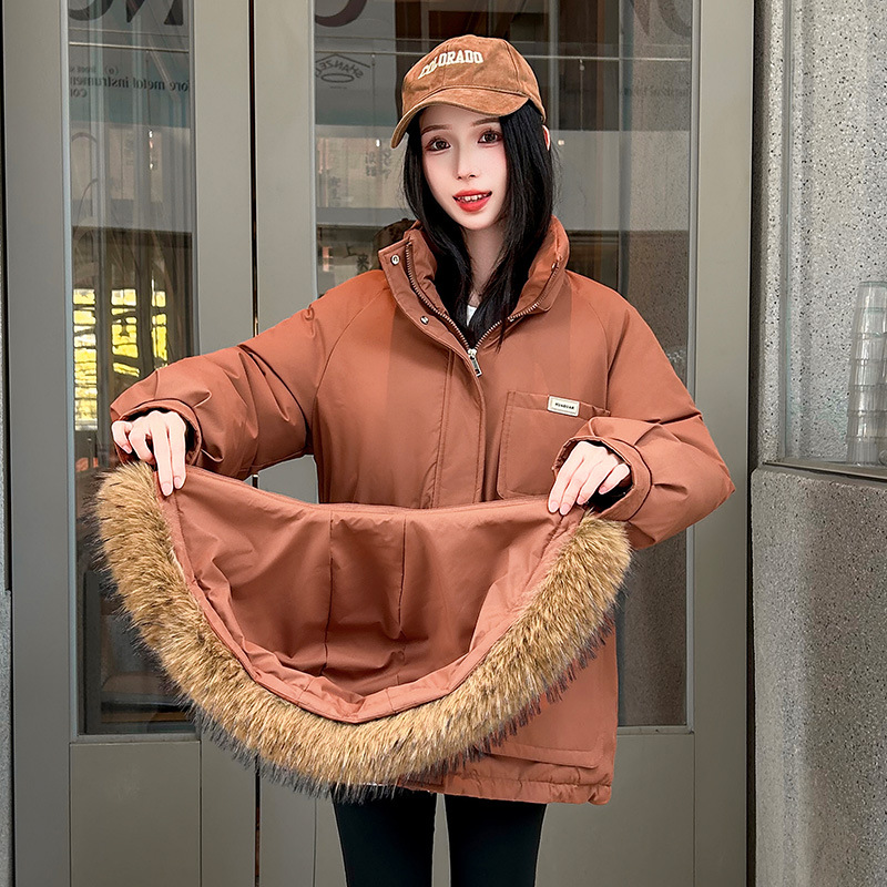 2025 nueva ropa de trabajo de algodón de invierno caliente chaqueta de algodón con capuzas a prueba de viento gran cuello de cabello suelto y grueso chaqueta de moda
