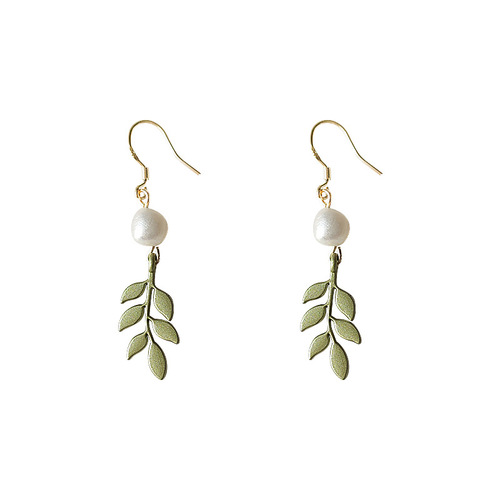 Forest style~925 silver needle freshwater pearl handmade design leaf earrings temperament green earrings factory supply