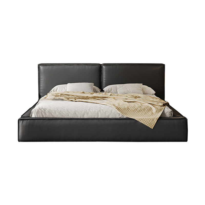 Cama de cuero genuino cama suave negro dormitorio principal de alta gama elegante tofu bloque cama doble 1,8 m italiano minimalista simple cama de boda