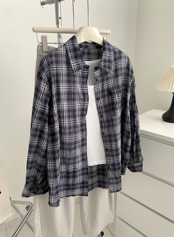 初秋の韓国レトロコントラストチェック柄シャツ女性のためのリラックスしたルーズビッグバージョン薄い日焼け止めカーディガン怠惰なシャツ|undefined