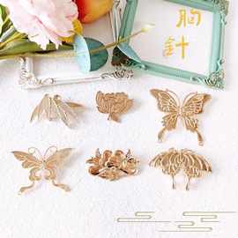 保色合金点翠芍药蝴蝶贝壳螺钿胸针汉服别针DIY底胚仿烧蓝团建用