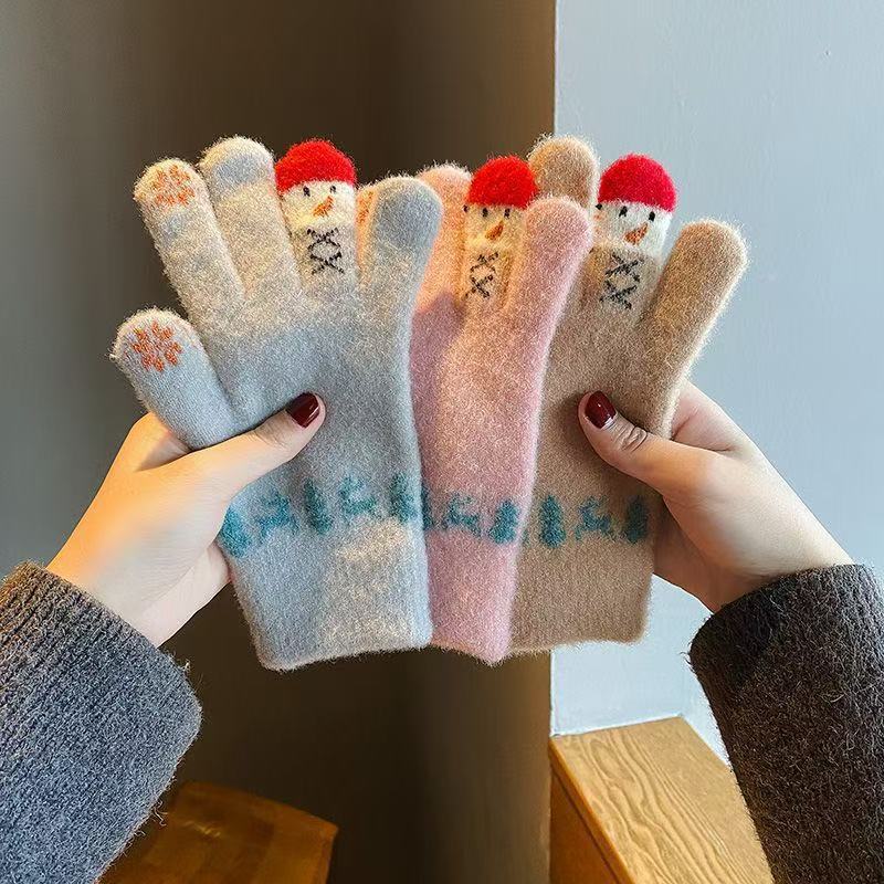 Winter Wool Gloves Cute Snowman Knitted Touch Screen Thickened Warm Rider Five Finger Winter Cold-proof Cotton