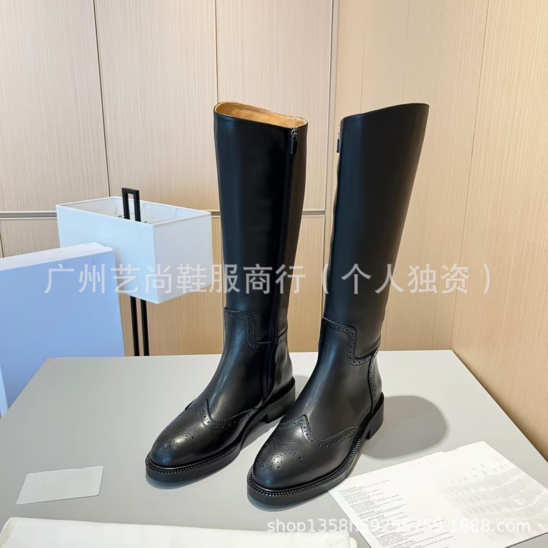 高版2025秋冬D家新款真皮圆头复古雕花平底侧拉链高筒骑士靴长靴|undefined