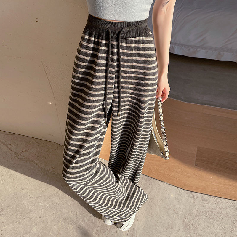 2025 primavera contraste color pierna ancha viento perezoso cintura elástica cordón pantalones casuales pantalones de rayas en blanco y negro de mujer pantalones de trapeador