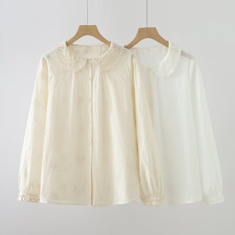 Spring Japanese-Style Youthful Lace-Trimmed Collar Full-Body Embroidery Solid Color Women's Cardigan Long-Sleeve Shirt Wholesale