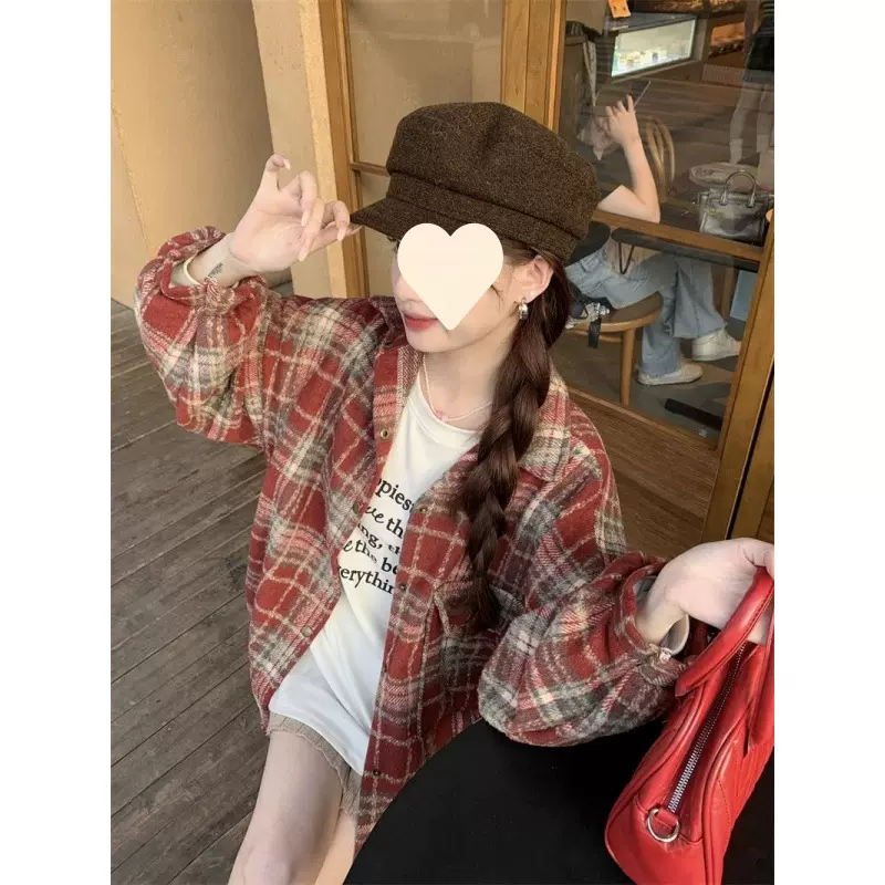 跨境美式复古慵懒酒红色磨毛格子衬衫外套女夏冬款宽松百搭中定制