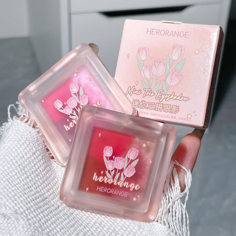 HERORANGE ~ Mini Sombra de ojos de tres piezas, brillo nacarado mate, tierno, no es fácil de volar, paleta de sombra de ojos blanca