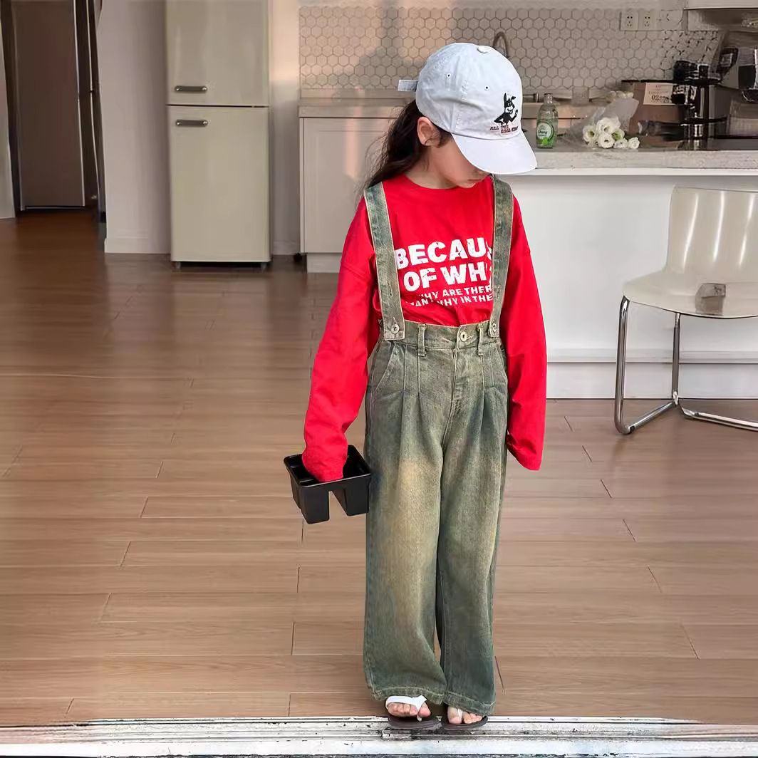 2024秋季新品韓版兒童牛仔背帶褲時尚女童復古做舊背帶褲批發