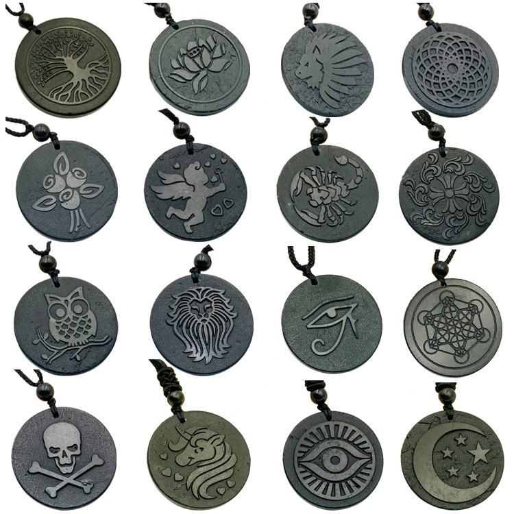 Cross-Border Hot-Selling Shungite Russian Shungite Graphite Carved Round Pendant with Patterned Totem, Vintage Style