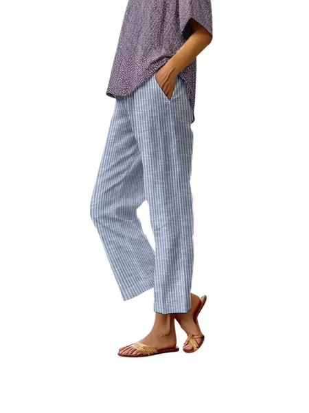 2025 Cross-Border Amazon New Loose Striped Pocket Cotton and Linen Elastic Waist Straight-Leg Striped Trousers for Women