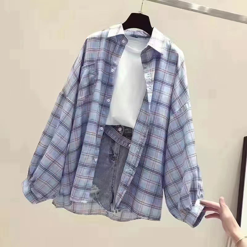 夏の女子学生韓国風ルーズ長袖チェック柄日焼け止め服シャツ+半袖Tシャツ+|undefined