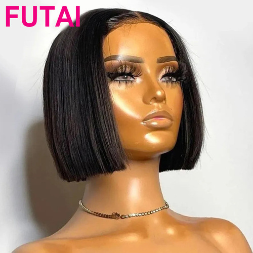 Double Drawn BOB Wig with Lace Front Cap Straight Human Hair Fake Hair