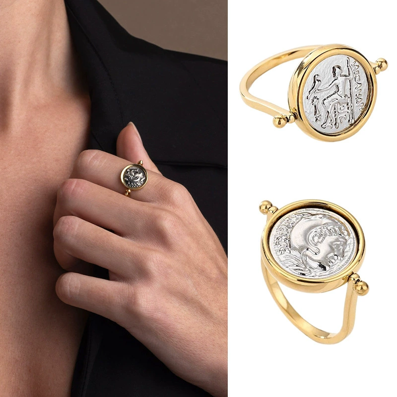 Alexander Stainless Steel Cast Double Sided Round Brand Ring Gold Plated Greek Mythology Vintage Personality Cross Border Ring