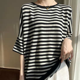 黑白条纹七分袖春夏必穿拼色针织T恤时尚圆领薄款休闲套头上衣
