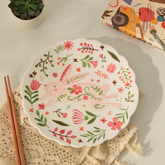 A5L白嶼 繁花小兔子甜品早餐盤釉中彩新款盤子水果盤陶瓷平盤親戚