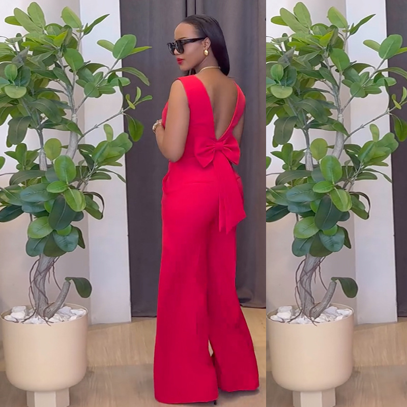 Women Clothing Spring Solid Color Backless Bow Top Wide Leg Trousers Casual Suit