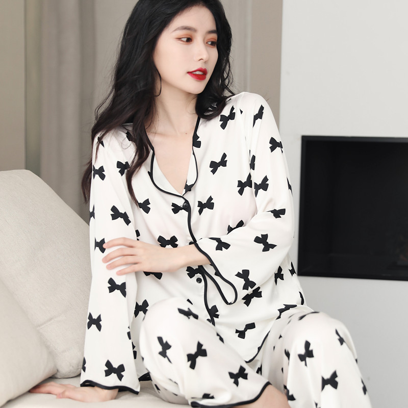 봄 여름 실크 잠옷 여성용 긴팔 세트 프린트 루즈핏 대형 카디건 아이스 실크 얇은 홈웨어 아이스 감촉