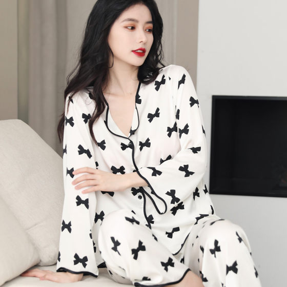 Spring and Summer Silk Pajamas Women's Long-sleeved Set Printed Korean Style Loose Large Size Cardigan Ice Silk Thin Home Clothes
