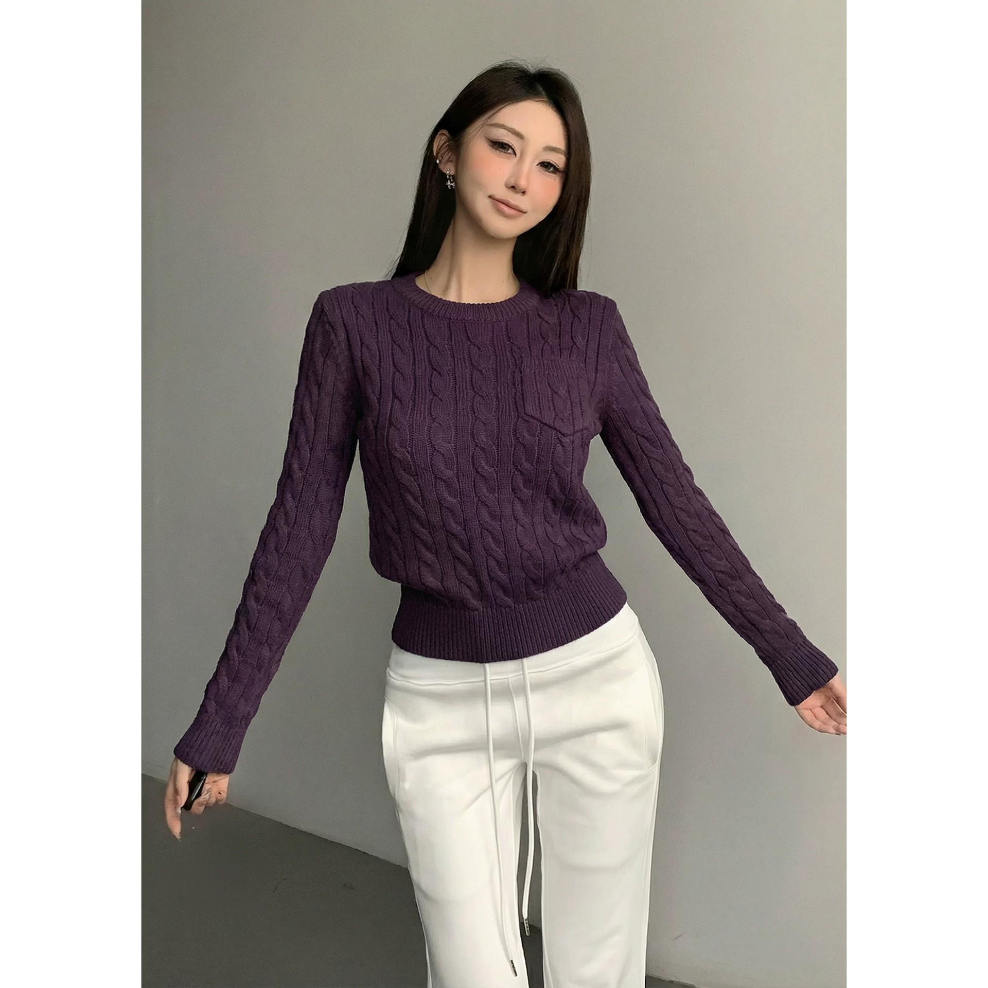 Style Purple Soft Pullover Cable-Knit Sweater for Women, Loose Fit, Outerwear, Knitted Base Shirt, Top, Knitted Cardigan